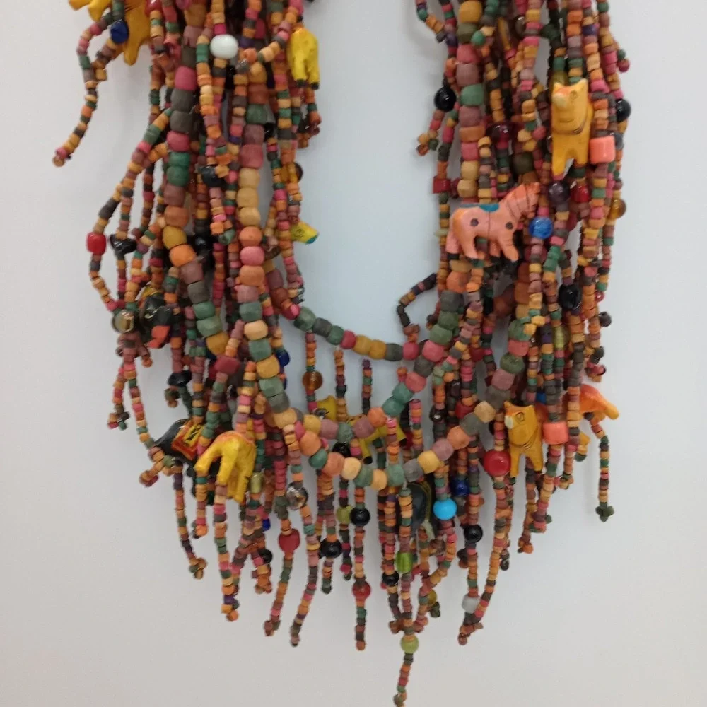 African Trade Bead Necklace Multi Strand Wood Animal Fringe Statement